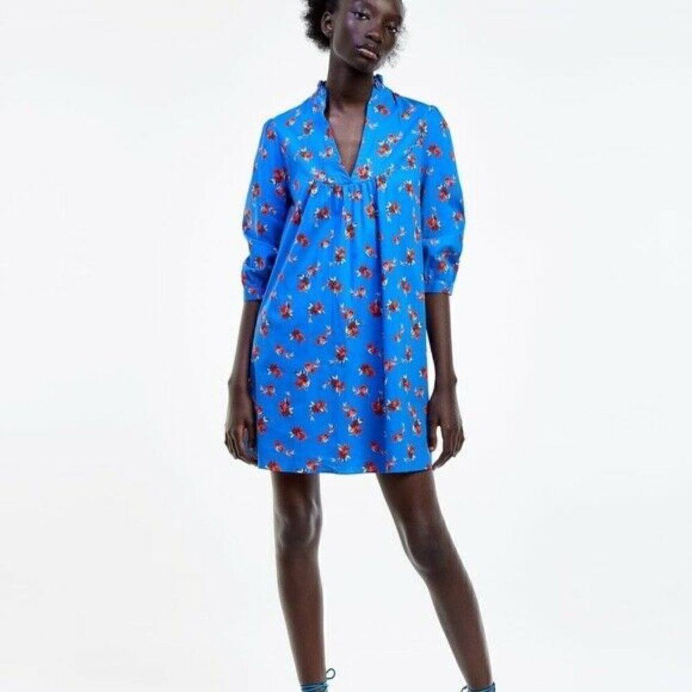 Zara Womens Blue Floral Dress S Printed A-Line